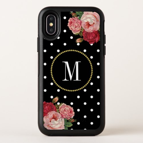 Chic Black Vintage Roses Polka Dots Gold Monogram OtterBox Symmetry iPhone X Case