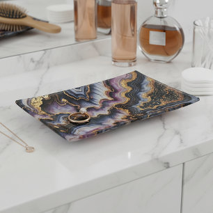 Chic Black Violet Purple Gold Marble Art Pattern Trinket Tray