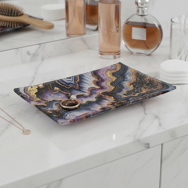 Chic Black Violet Purple Gold Marble Art Pattern Trinket Tray (Creator Uploaded)