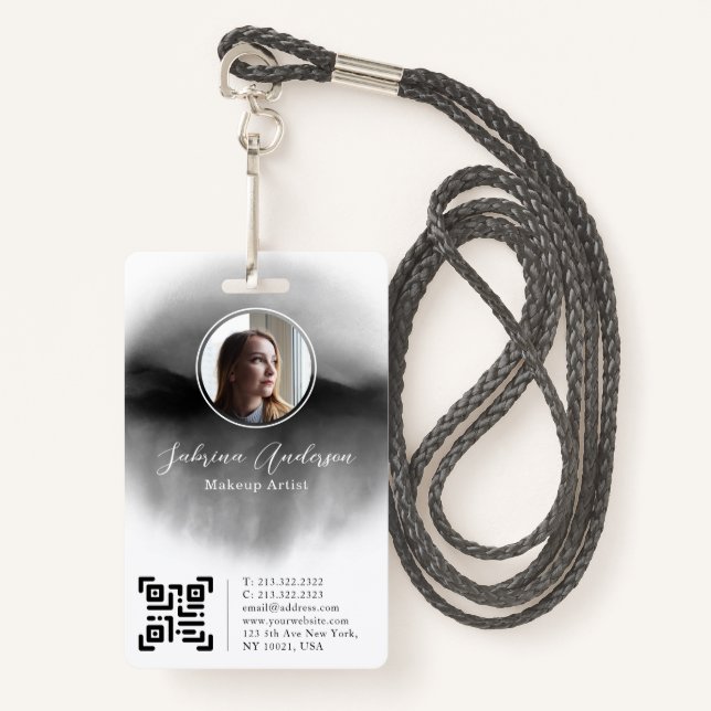 Chic Black Watercolor Abstract Script Photo Logo Badge (Front with Lanyard)