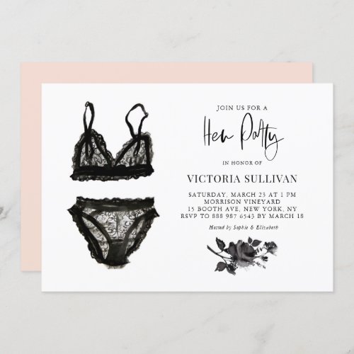 Chic Black Watercolor Lace Lingerie Hen Party Invitation