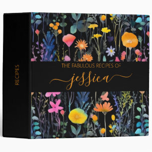 Chic black watercolor wildflowers name Recipe 3 Ring Binder