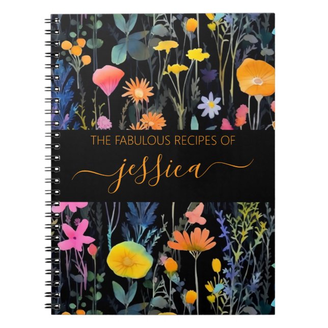 Chic black watercolor wildflowers name Recipe Notebook (Front)