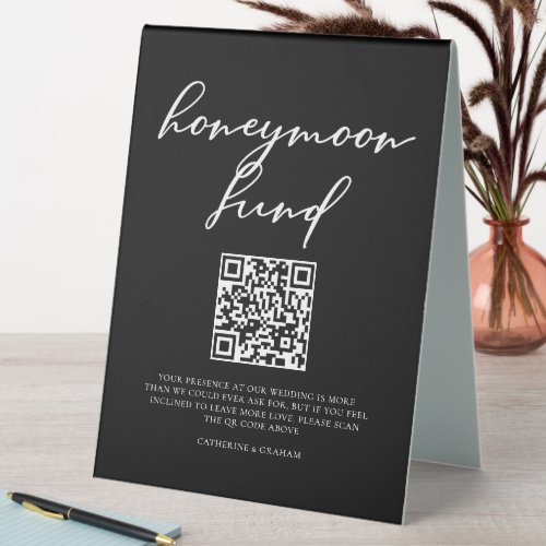 Chic Black Wedding Honeymoon Fund QR Code Table Tent
