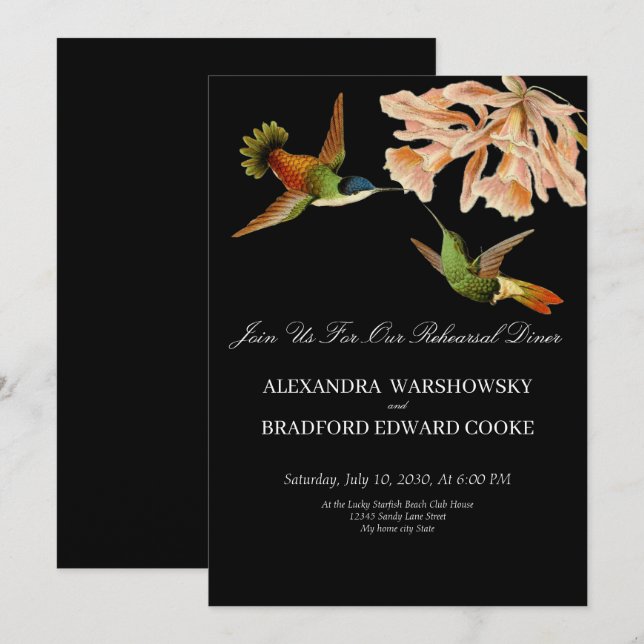 Chic Black Wedding Hummingbird Rehearsal Dinner  (Front/Back)