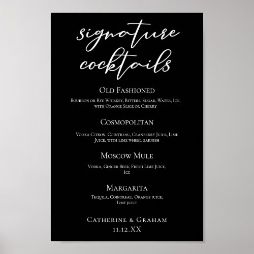 Chic Black Wedding Signature Cocktails Bar Menu Poster