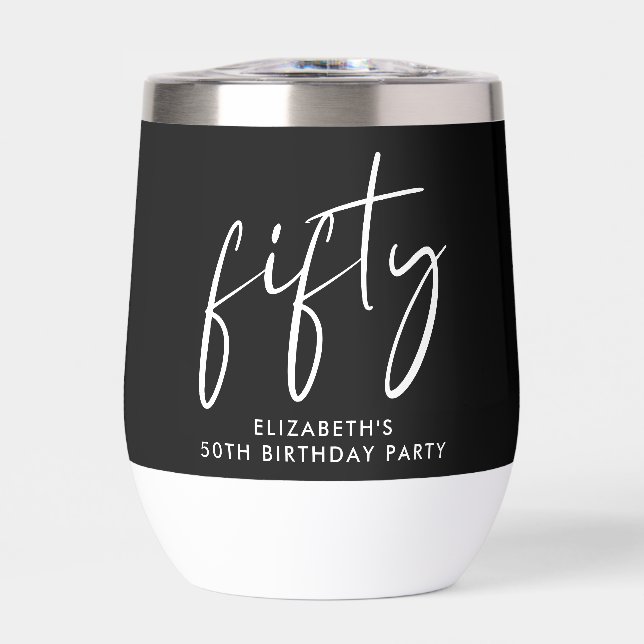 Chic Black White 50th Birthday Party Thermal Wine Tumbler (Front)