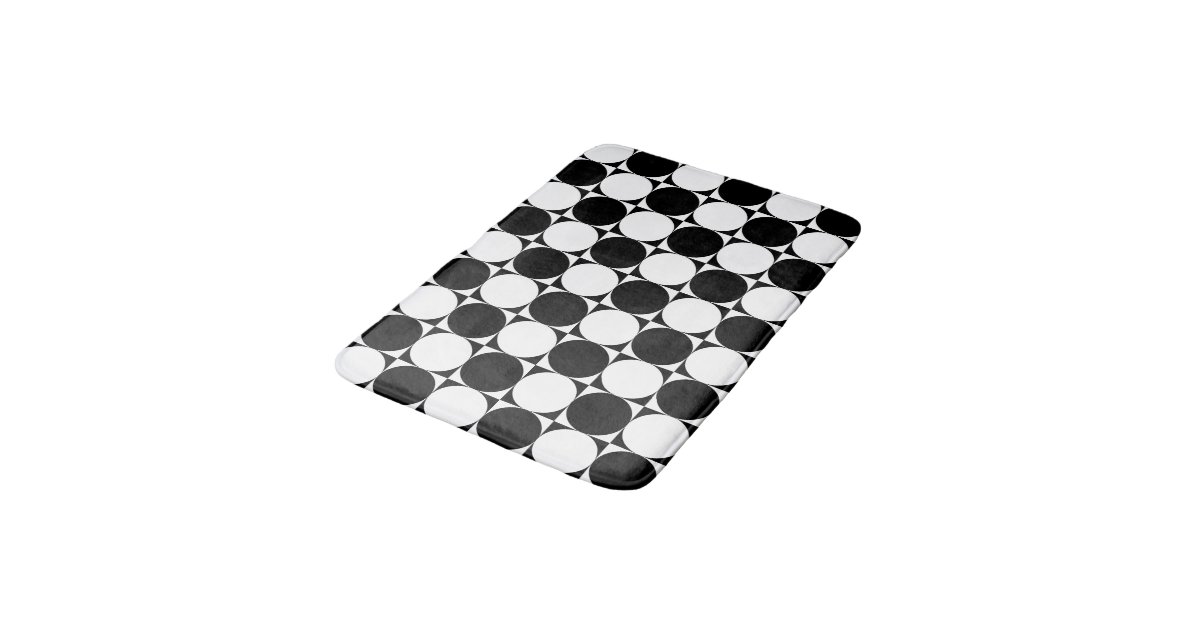 Chic Black White Abstract Circles Squares Pattern Bath Mat | Zazzle