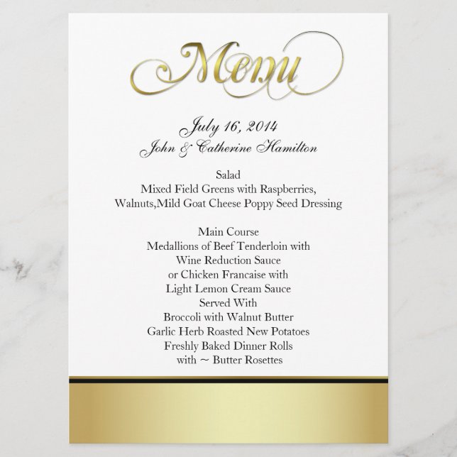 Chic Black, White, and Gold Custom Wedding Menu (Front)