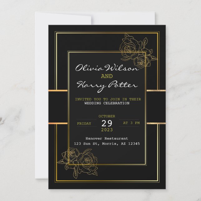 Chic Black, White, and Gold Simple Wedding  Invitation (Front)