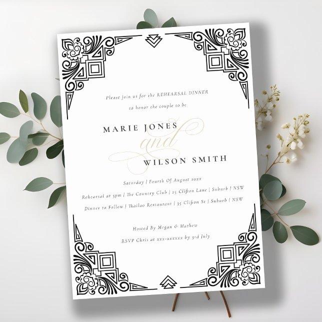 Chic Black White Art Deco Ornate Rehearsal Dinner Invitation (Creator Uploaded)
