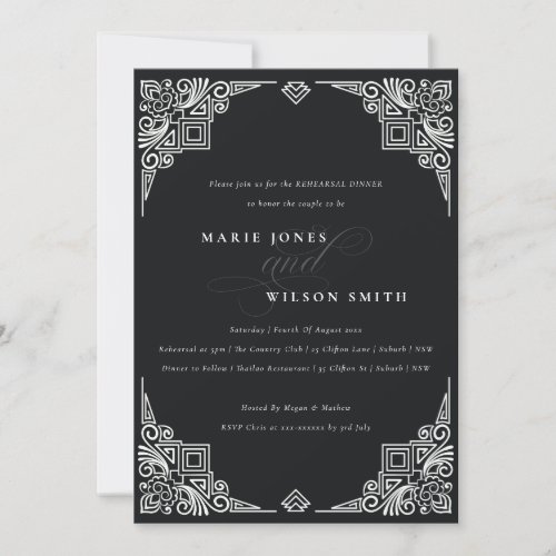 Chic Black White Art Deco Ornate Rehearsal Dinner Invitation