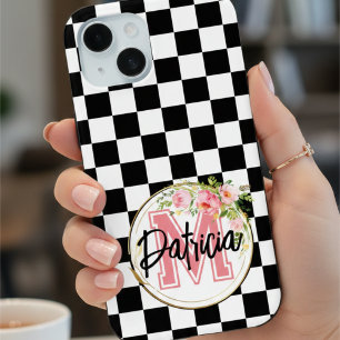 Chic Black & White Checker Monogrammed Pink Flower iPhone 15 Case