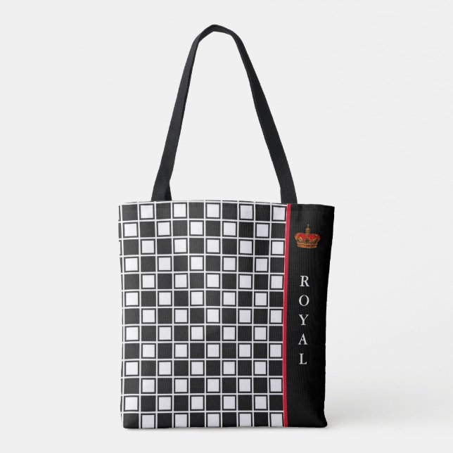 Chic black, & white checkered & calligraphy tote bag (Back)