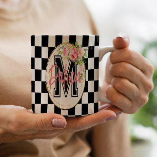 Chic Black & White Checkered Pink Floral Monogram Coffee Mug