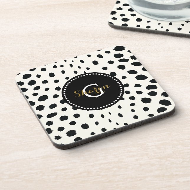 Chic black white cheetah print pattern monogram beverage coaster (Left Side)