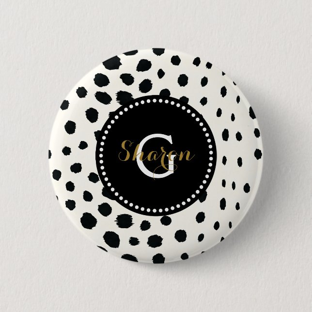 Chic black white cheetah print pattern monogram button (Front)