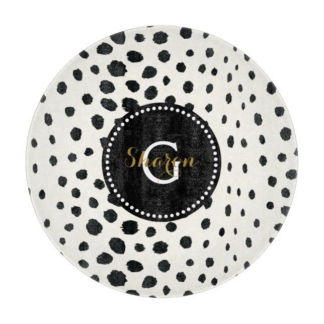 Chic black white cheetah print pattern monogram cutting board (Front)