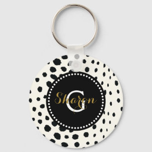 Chic black white cheetah print pattern monogram keychain