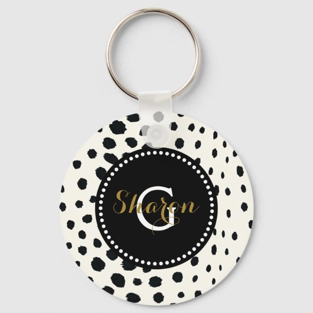 Chic black white cheetah print pattern monogram keychain (Front)