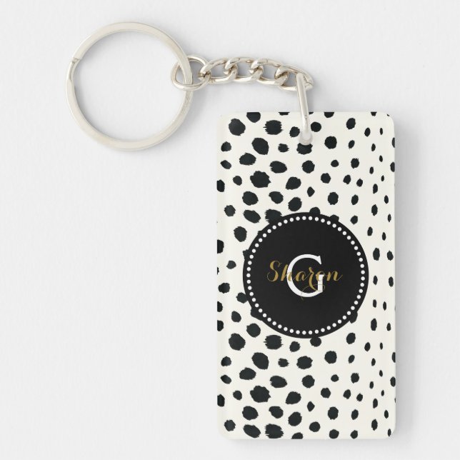 Chic black white cheetah print pattern monogram keychain (Front)