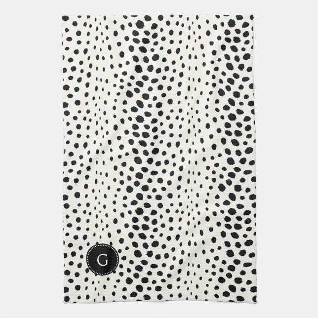 Chic black white cheetah print pattern monogram kitchen towel (Vertical)