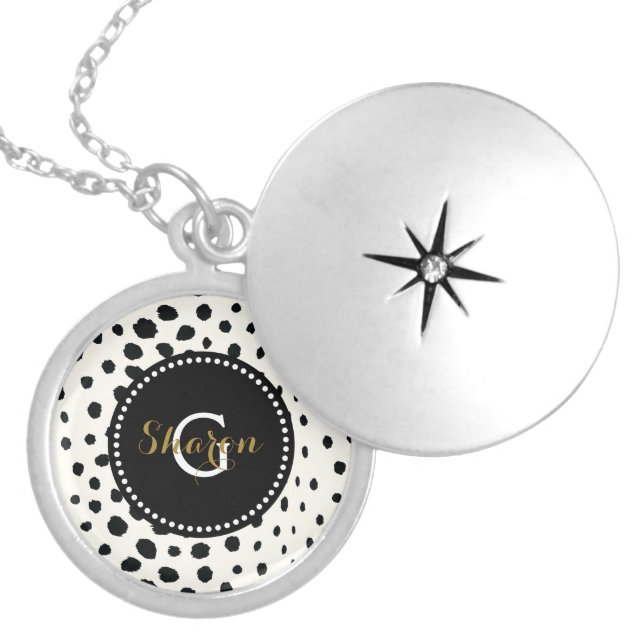 Chic black white cheetah print pattern monogram locket necklace (Front)