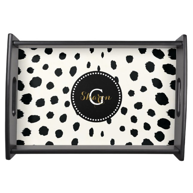 Chic black white cheetah print pattern monogram serving tray (Front)