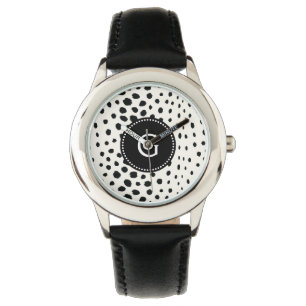 Chic black white cheetah print pattern monogram watch