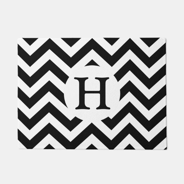 Chic Black White Chevron Zigzag Custom Monogram Doormat (Front)