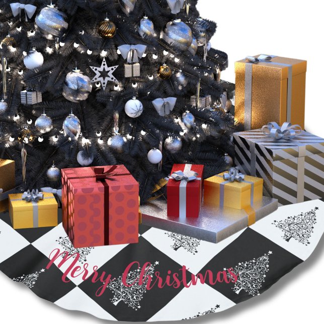 Chic Black White Christmas Trees Checkered Pattern Brushed Polyester Tree Skirt (Creator Uploaded)
