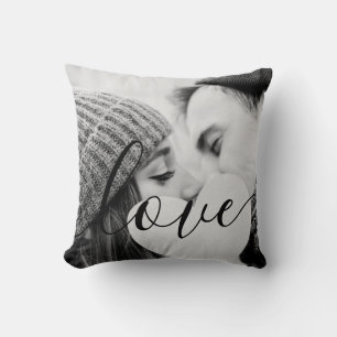 Chic Black White Couple Photo Script Love Throw Pillow