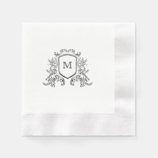 Chic Black & White Crest Monogram Wedding Napkin (Front)