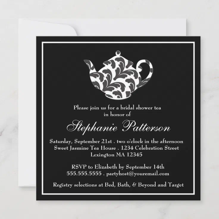 Chic Black &amp; White Damask Bridal Shower Tea Party Invitation | Zazzle