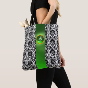 CHIC BLACK WHITE DAMASK EMERALD GREEN GEM MONOGRAM TOTE BAG