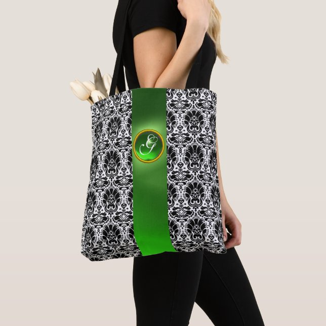 CHIC BLACK WHITE DAMASK EMERALD GREEN GEM MONOGRAM TOTE BAG (Close Up)