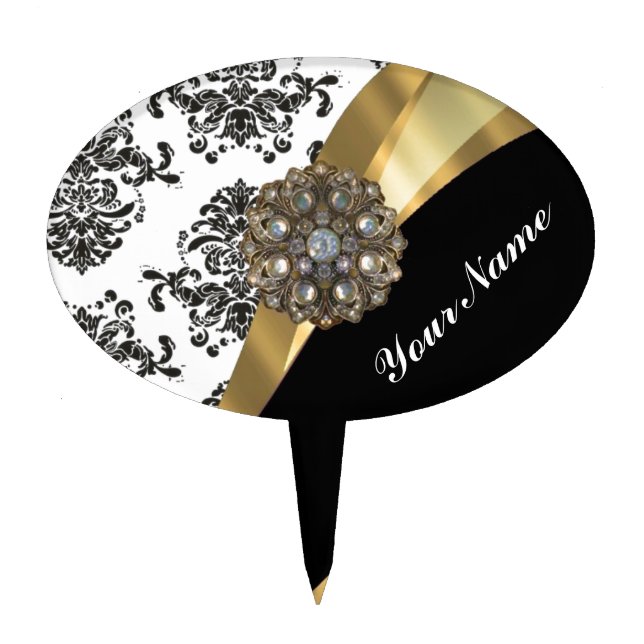 Chic black & white damask & gold cake topper (Front)