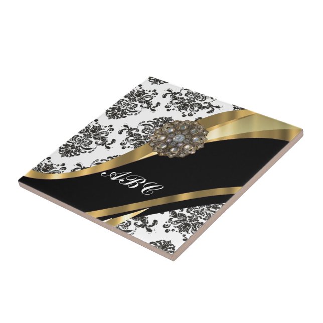 Chic black & white damask & gold ceramic tile (Side)