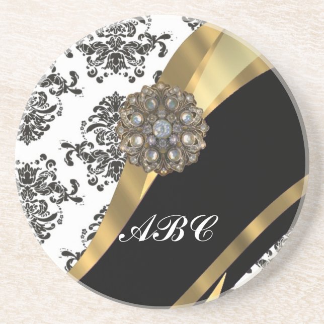 Chic black & white damask & gold drink coaster (Front)