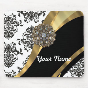 Chic black & white damask & gold mouse pad