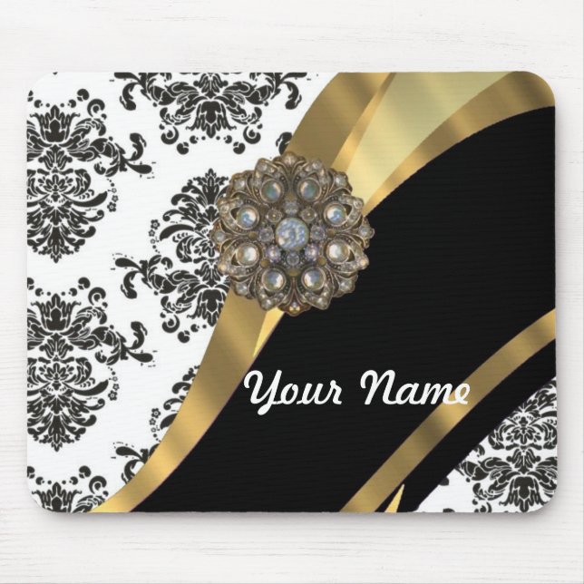 Chic black & white damask & gold mouse pad (Front)