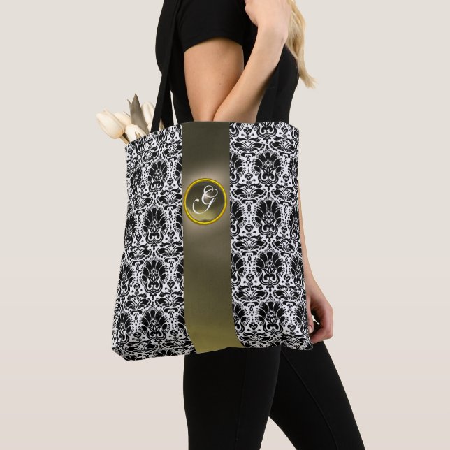 CHIC BLACK WHITE DAMASK GREY GEM MONOGRAM TOTE BAG (Close Up)