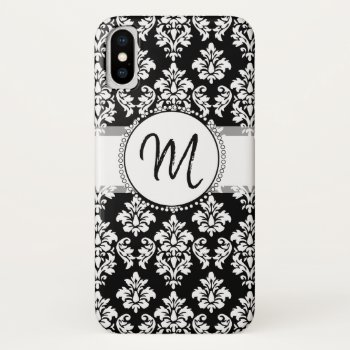 Chic Black White Damask Hand Lettered Monogram Iphone Xs Case by DamaskGallery at Zazzle