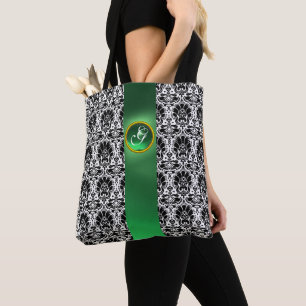 CHIC BLACK WHITE DAMASK JADE GREEN GEM MONOGRAM TOTE BAG