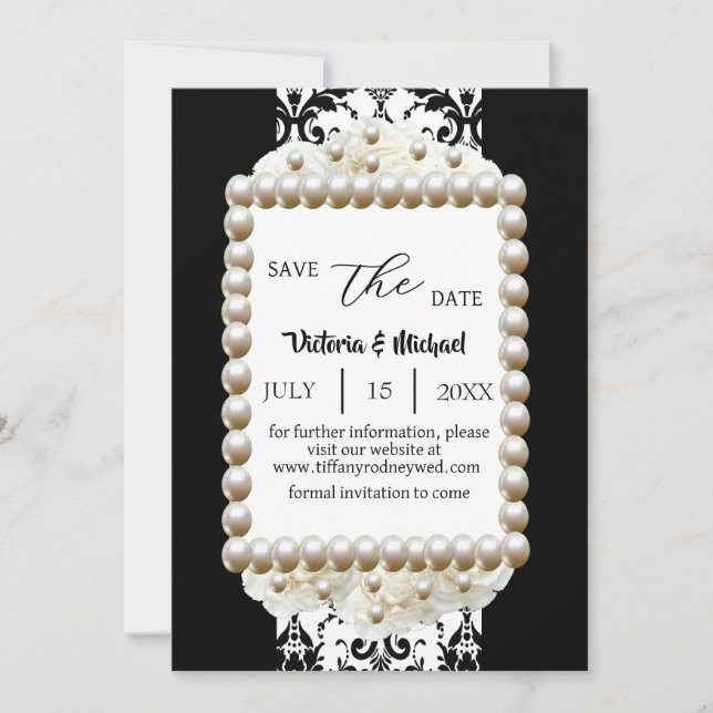Chic Black & White Damask Pearl Save-The-Date Invitation (Front)