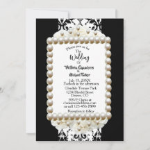 Chic Black $ White Damask Pearl Wedding Invitation