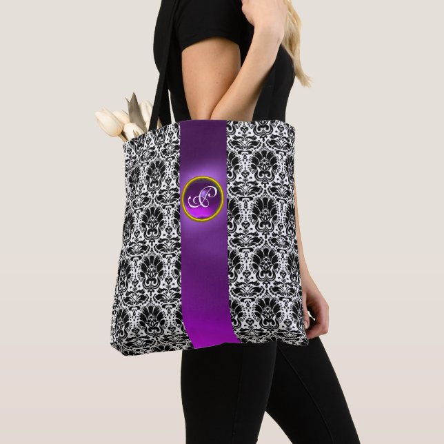 CHIC BLACK WHITE DAMASK ,PURPLE GEMSTONE MONOGRAM TOTE BAG (Close Up)