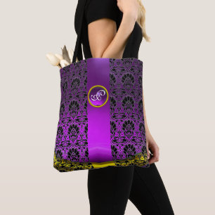 CHIC BLACK WHITE DAMASK ,PURPLE GEMSTONE MONOGRAM TOTE BAG
