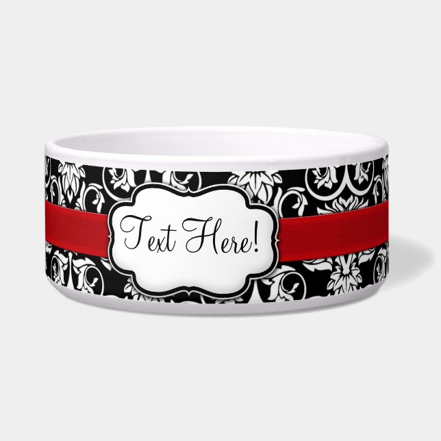 Chic Black/White Damask Red Ribbon Bowl (Left)