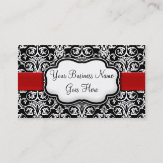 Chic Black/White Damask Red Ribbon Business Card